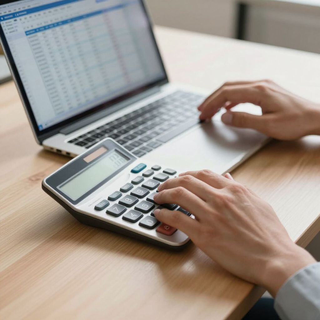 Person using a calculator and laptop with a spreadsheet on a wooden desk.