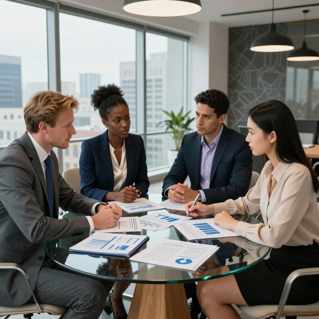Four professionals in suits discuss documents at a round table in an office.