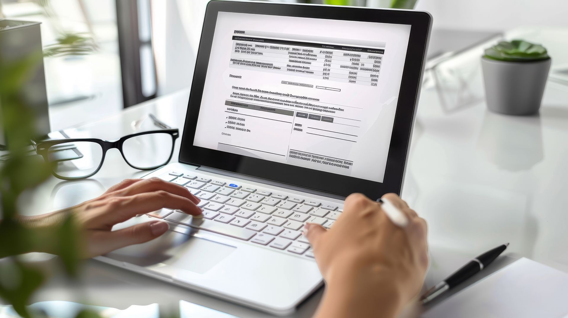 Person typing on a laptop, viewing a document on the screen, on a white desk with glasses, pen, and plant in view.