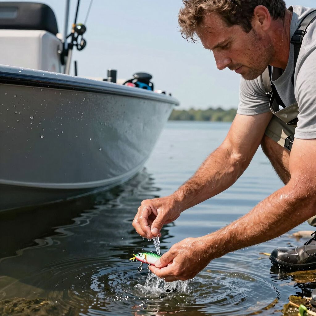 Man rinsing a fishing lure near a boat, clear water, sunny day.