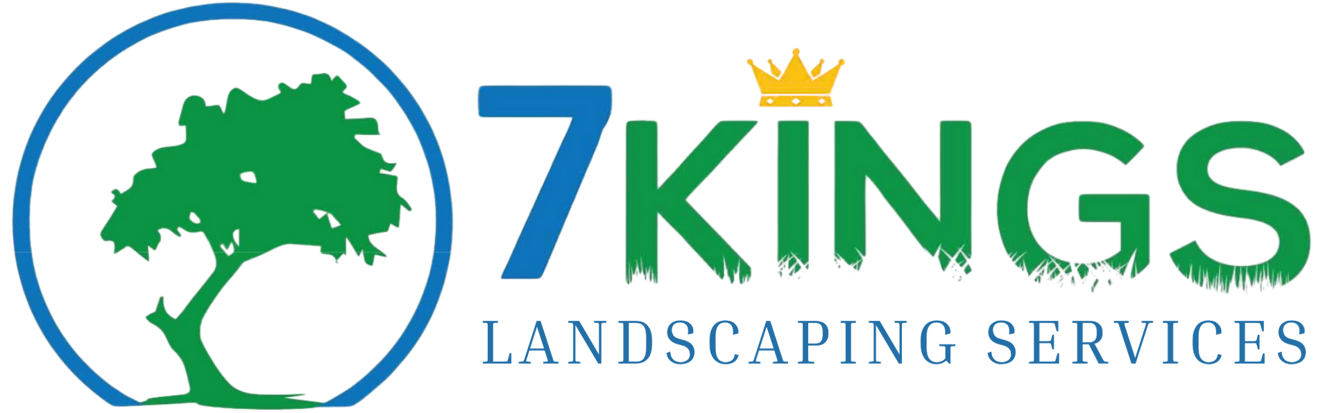 A logo for 7 kings landscaping services with a tree and a crown