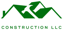 The logo for construction llc shows a green mountain with a white roof.