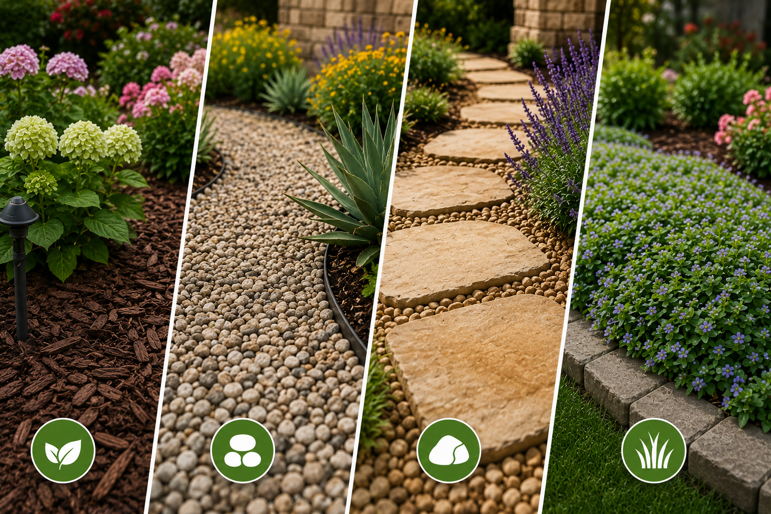 Four garden path designs with gravel, stepping stones, and ground cover options in Austin, TX.