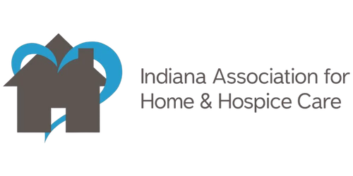 Logo for Indiana Association for Home & Hospice Care; gray house with blue heart shapes.