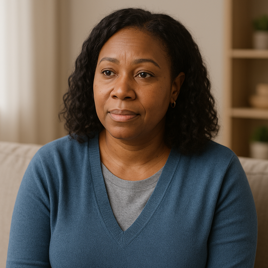 Woman in blue sweater looking to the side, sitting indoors.