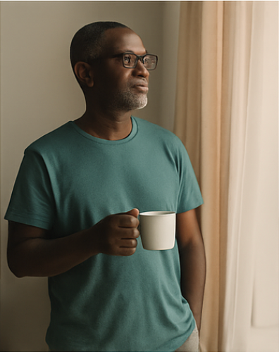 Man with glasses holding a mug, gazing out a window, wearing a green shirt.