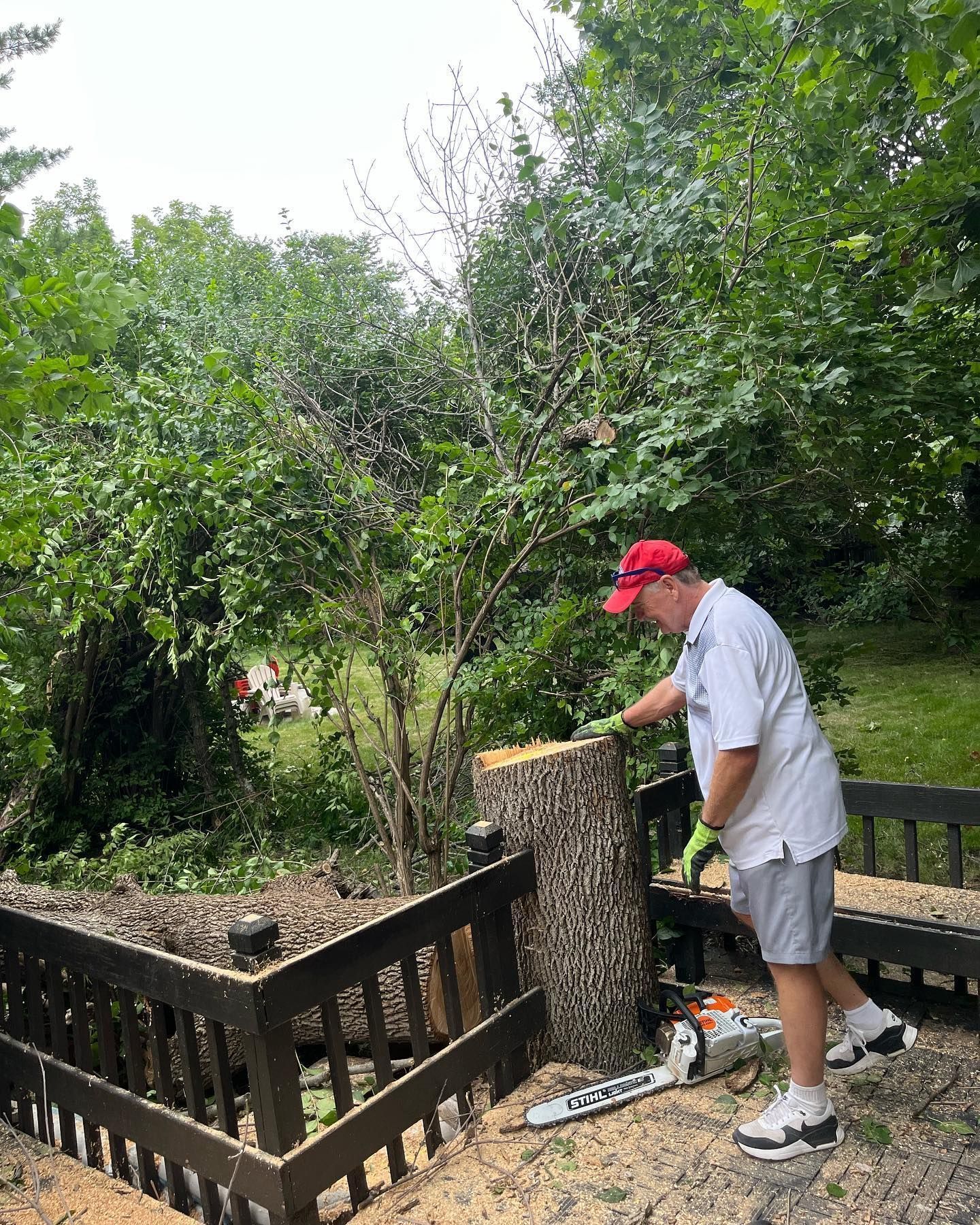A man is cutting a tree stump with a chainsaw.