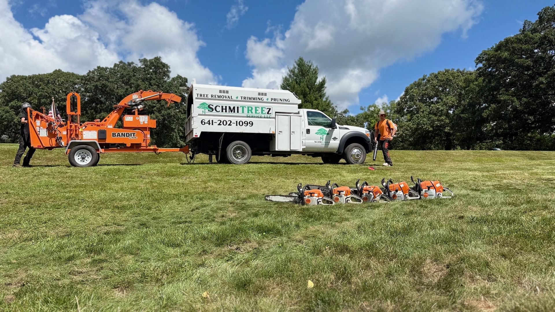 Tree service crew with truck, wood chipper, and chainsaws on a grassy field under a blue sky.
