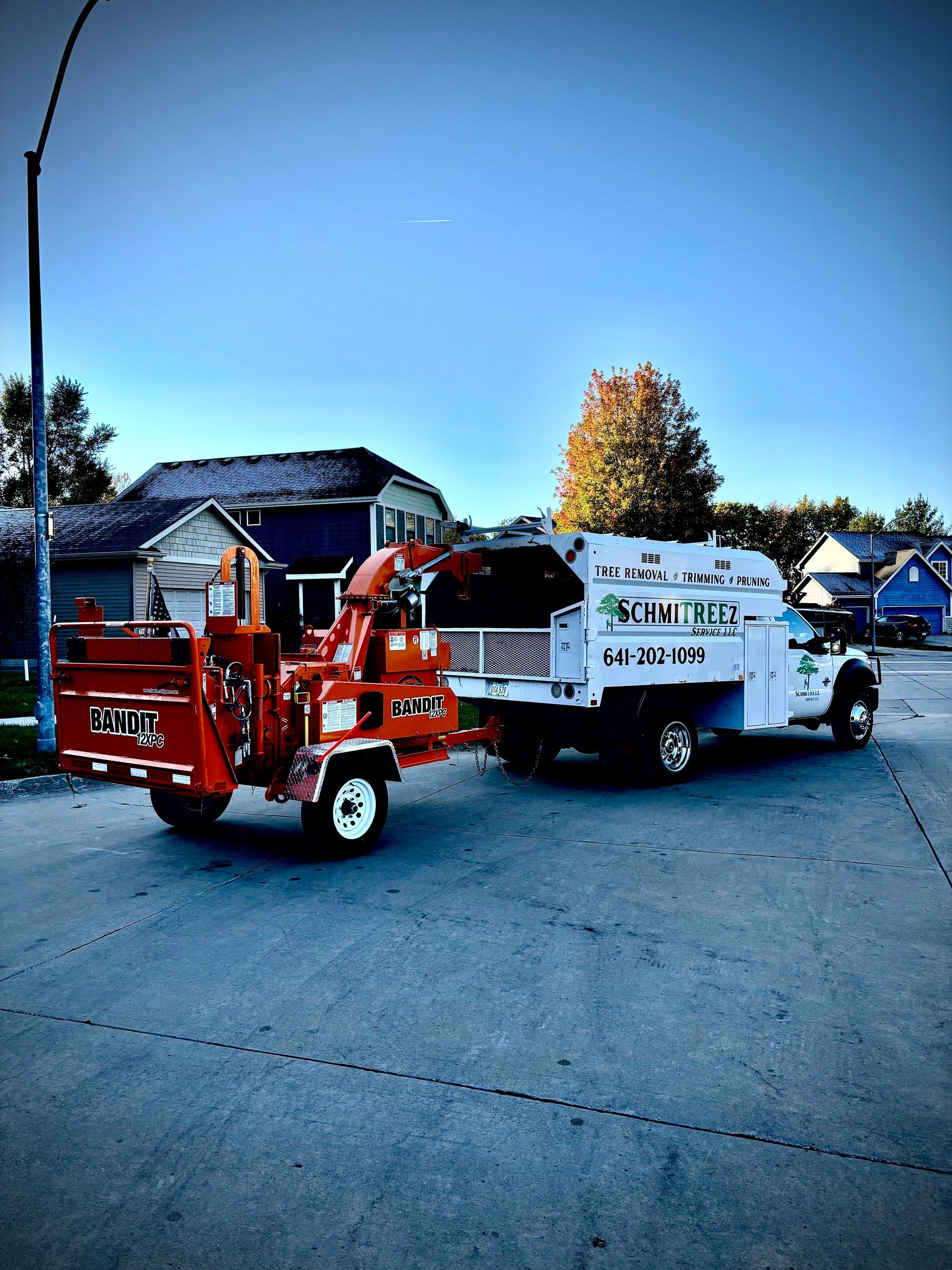 A tree service truck and wood chipper parked on a street in front of houses; early morning.