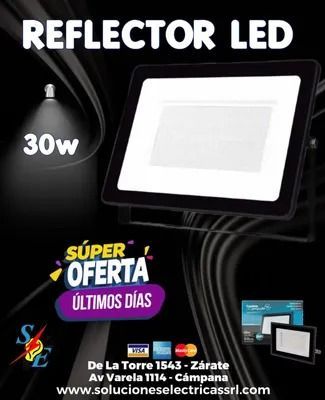 Anuncio de foco LED negro de 30 W con texto de venta