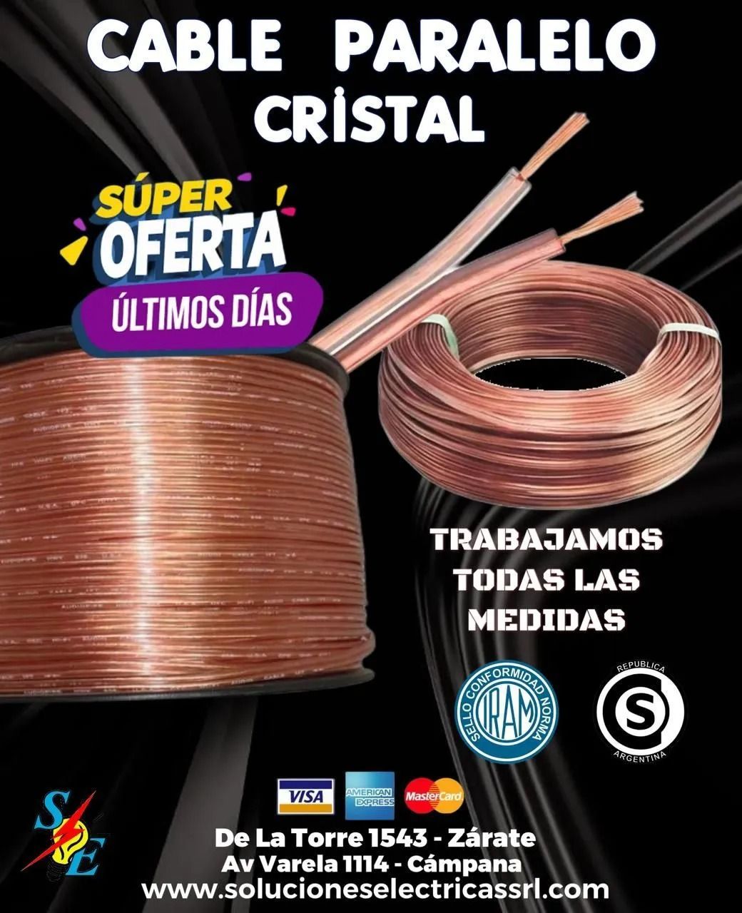Anuncio de cable paralelo cristal, bobinas de cobre, oferta y horario 24 horas.