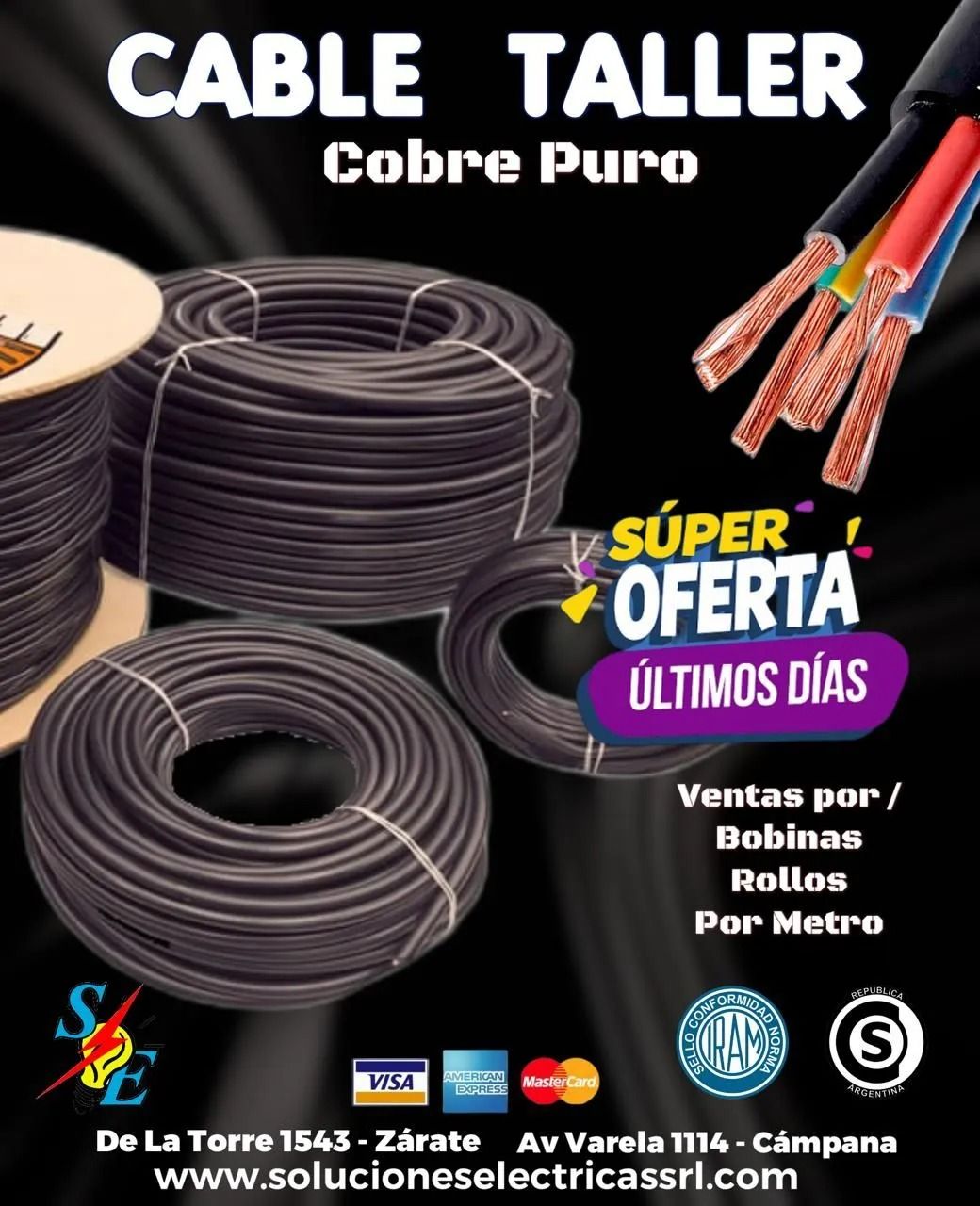 Anuncio de Cable TALLER para carretes de alambre de cobre, “super oferta”, con detalles de venta y dirección de la tienda.