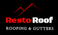 A logo for resto roof roofing and gutters