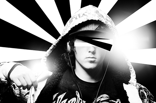 Person in hooded jacket with abstract eye cover against a black and white burst background.