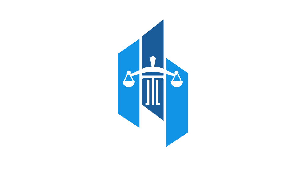 A blue and white logo for a law firm with a scale of justice.
