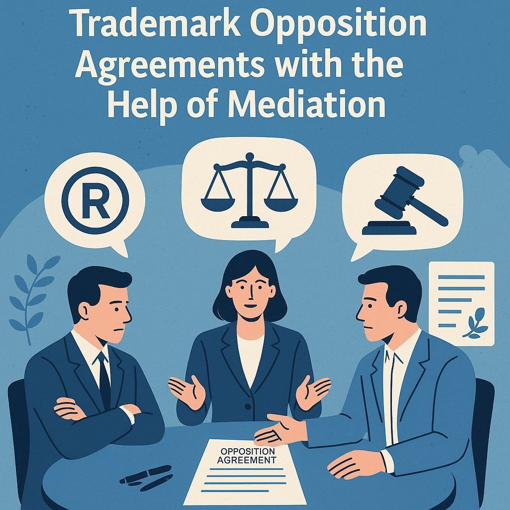 A group of people are sitting around a table talking about trademark opposition agreements with the help of mediation.