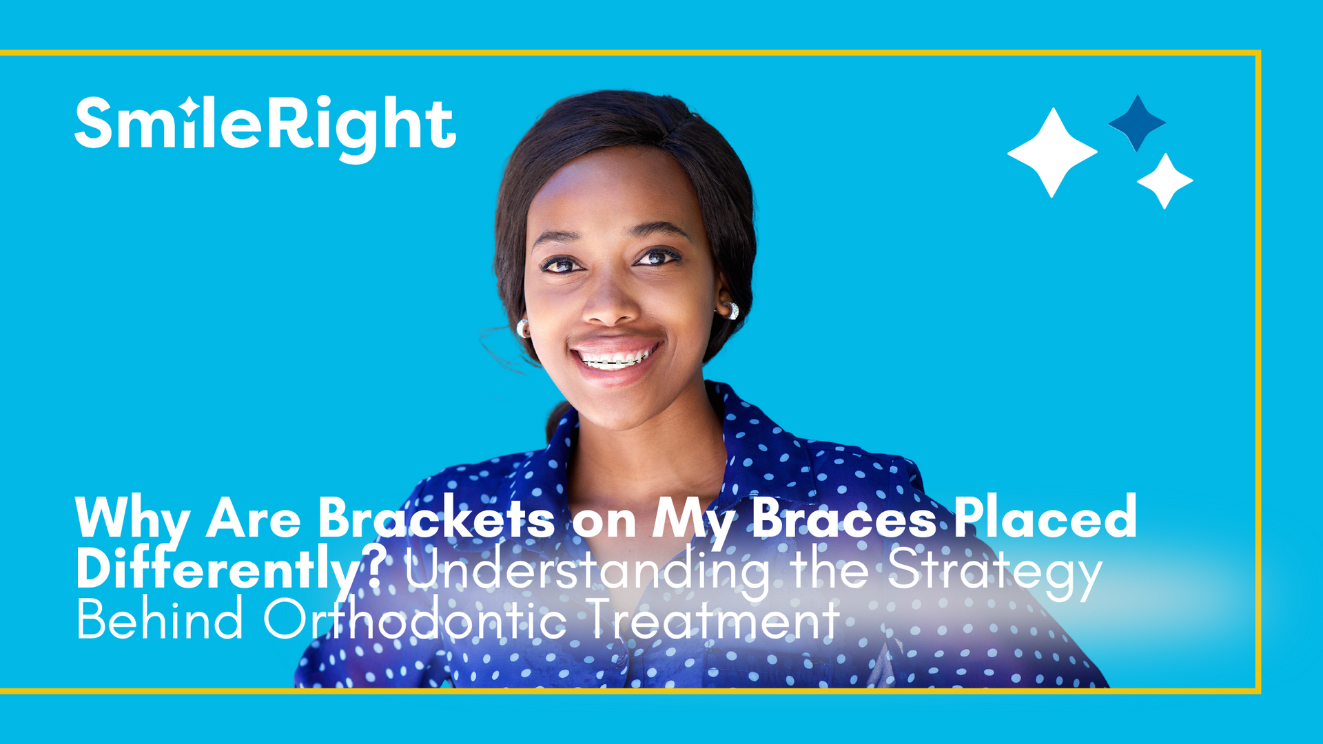 A woman with braces on her teeth is smiling on a blue background.