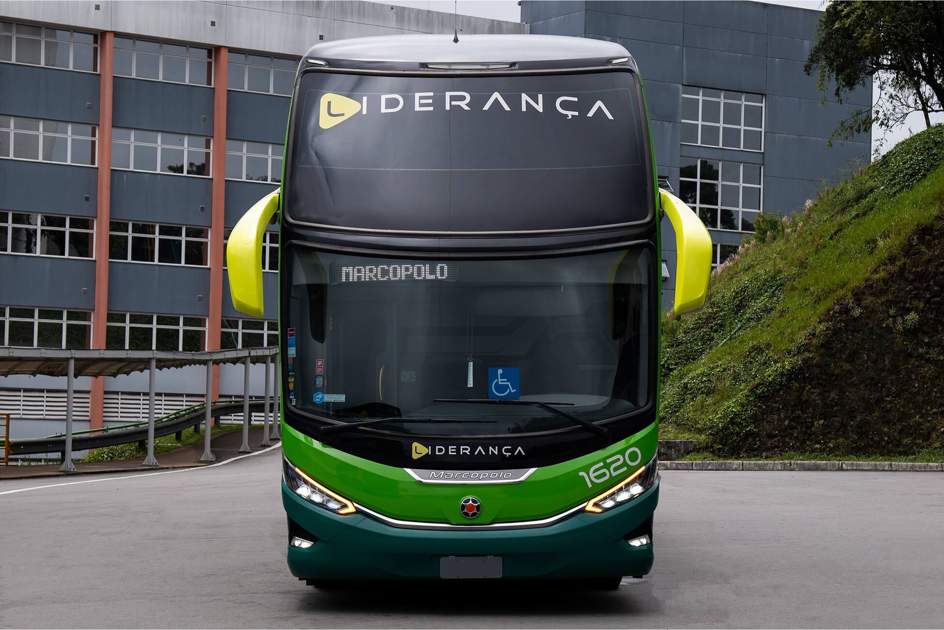 Ônibus de dois andares, verde e preto, logotipo 