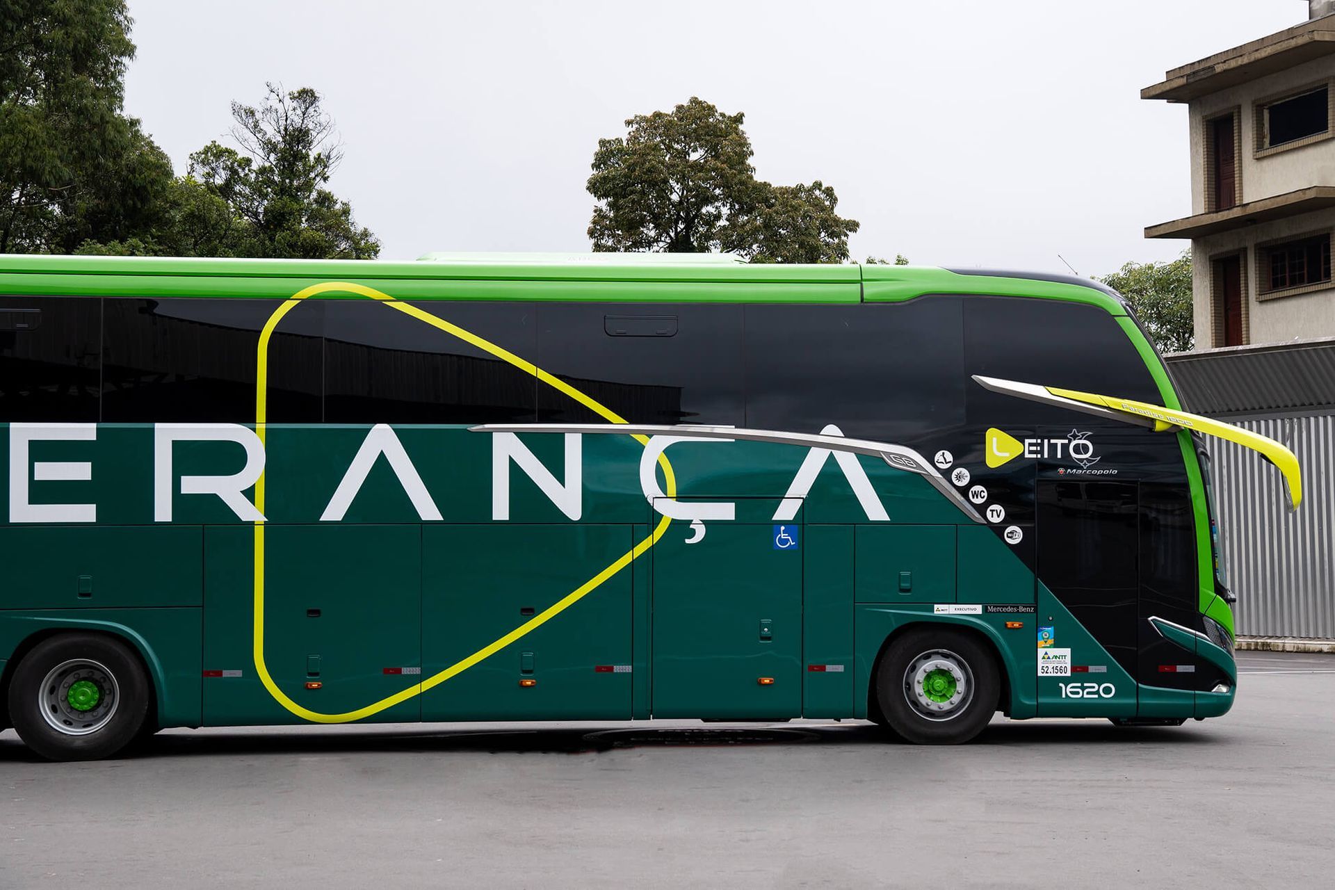 Dois ônibus verdes Liderança estacionados lado a lado, um deles de dois andares, contra um céu nublado.