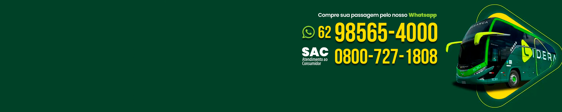 Faixa verde com informações de contato e uma ilustração de ônibus.