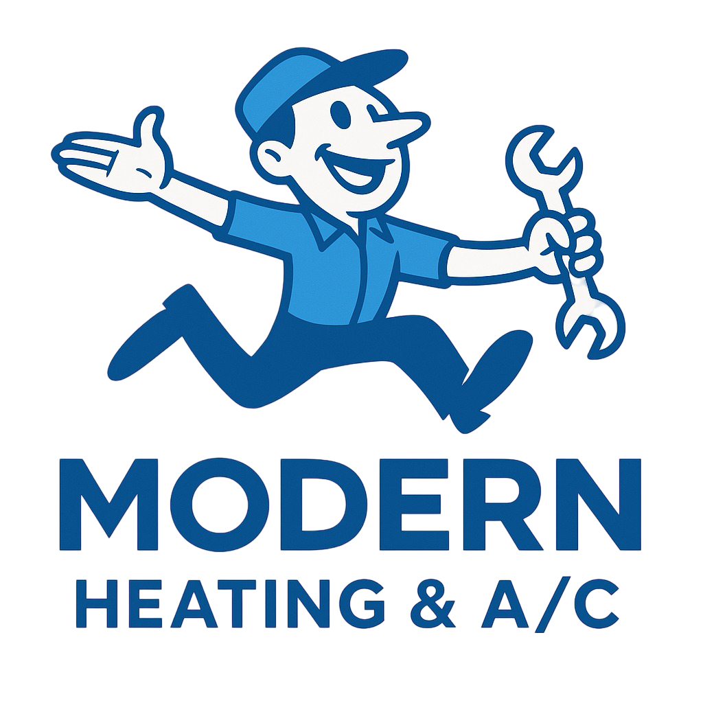 The logo for modern heating and a / c shows a cartoon man holding a wrench.