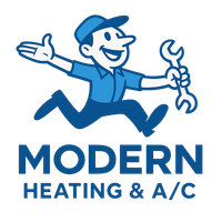 The logo for modern heating and a / c shows a cartoon man holding a wrench.