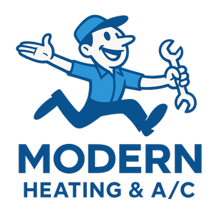 The logo for modern heating and a / c shows a cartoon man holding a wrench.