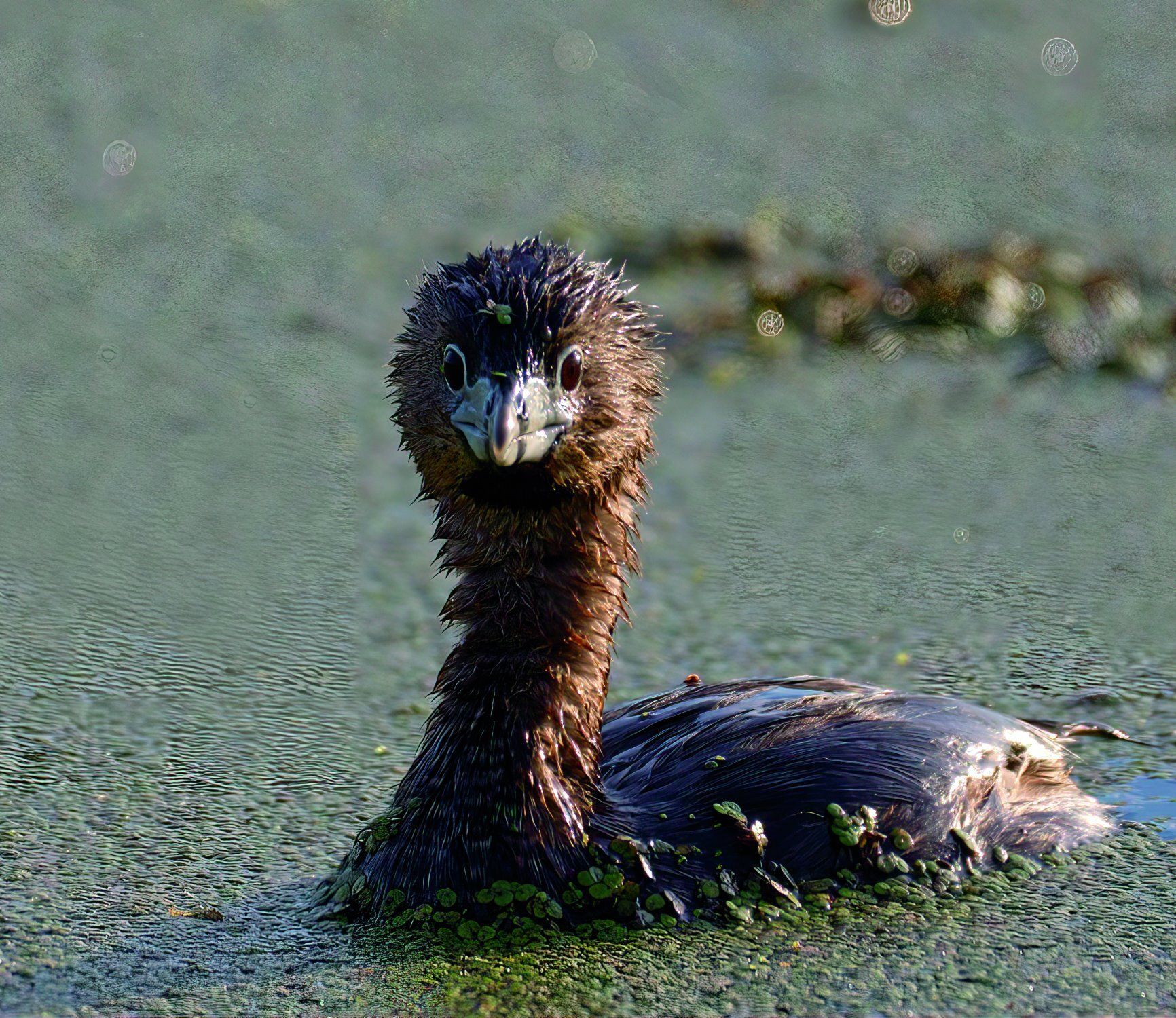 Un canard nage dans l'eau et regarde la caméra