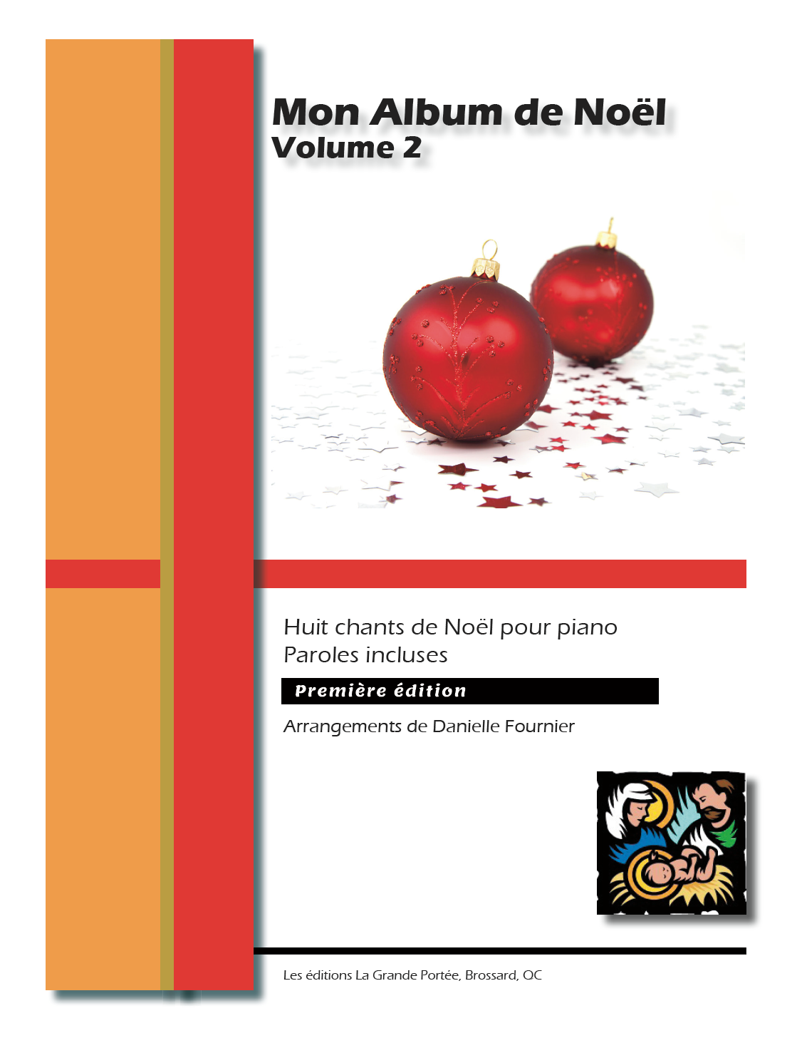 La couverture d'un livre avec trois boules de Noël rouges dessus.