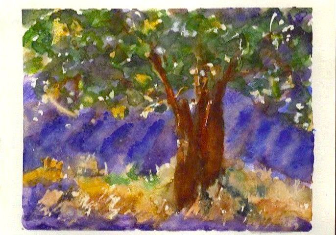 Une aquarelle représentant un arbre dans un champ