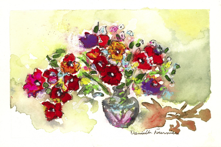 Une aquarelle de fleurs dans un vase sur une table.