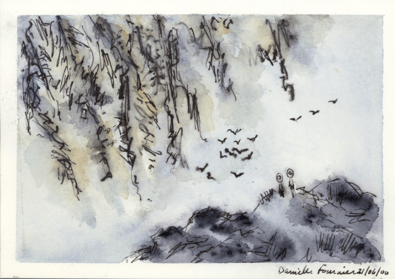 Un dessin en noir et blanc d'oiseaux volant au-dessus d'une montagne