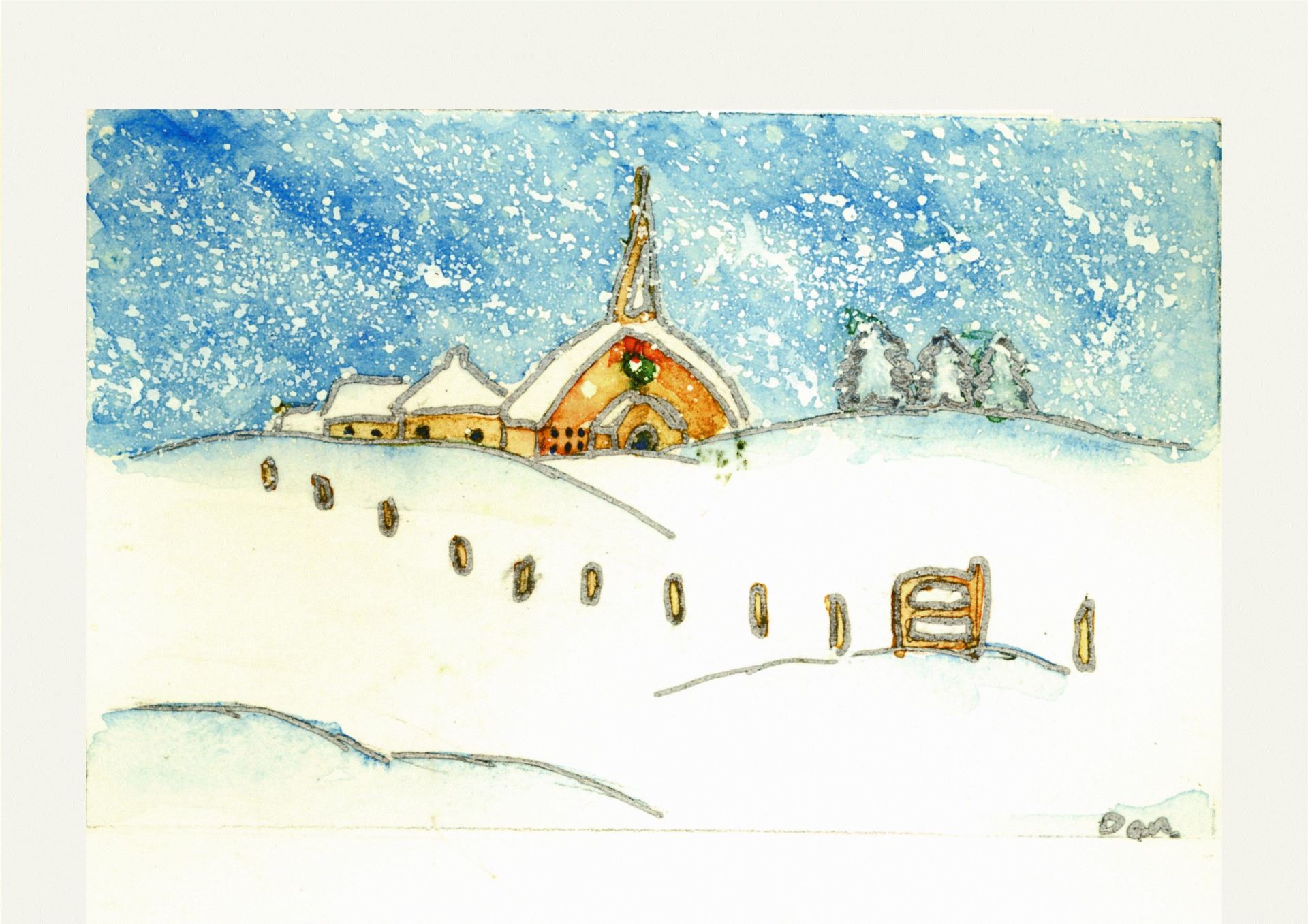 Une peinture d'un paysage enneigé avec une église en arrière-plan