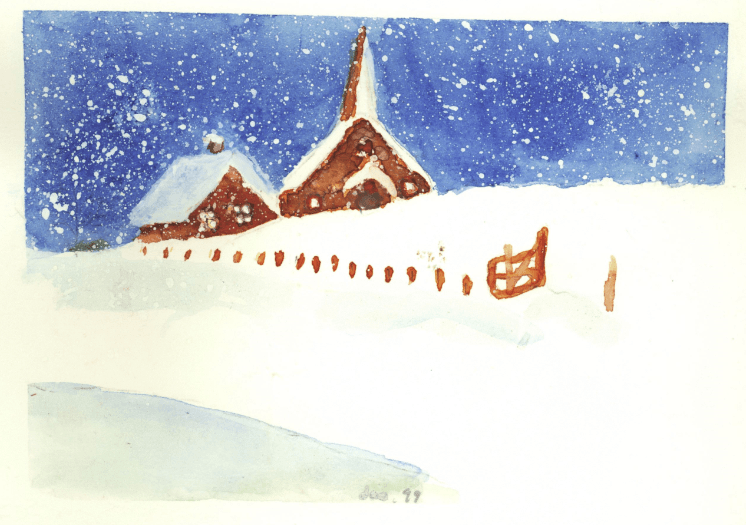Une aquarelle représentant une église dans la neige