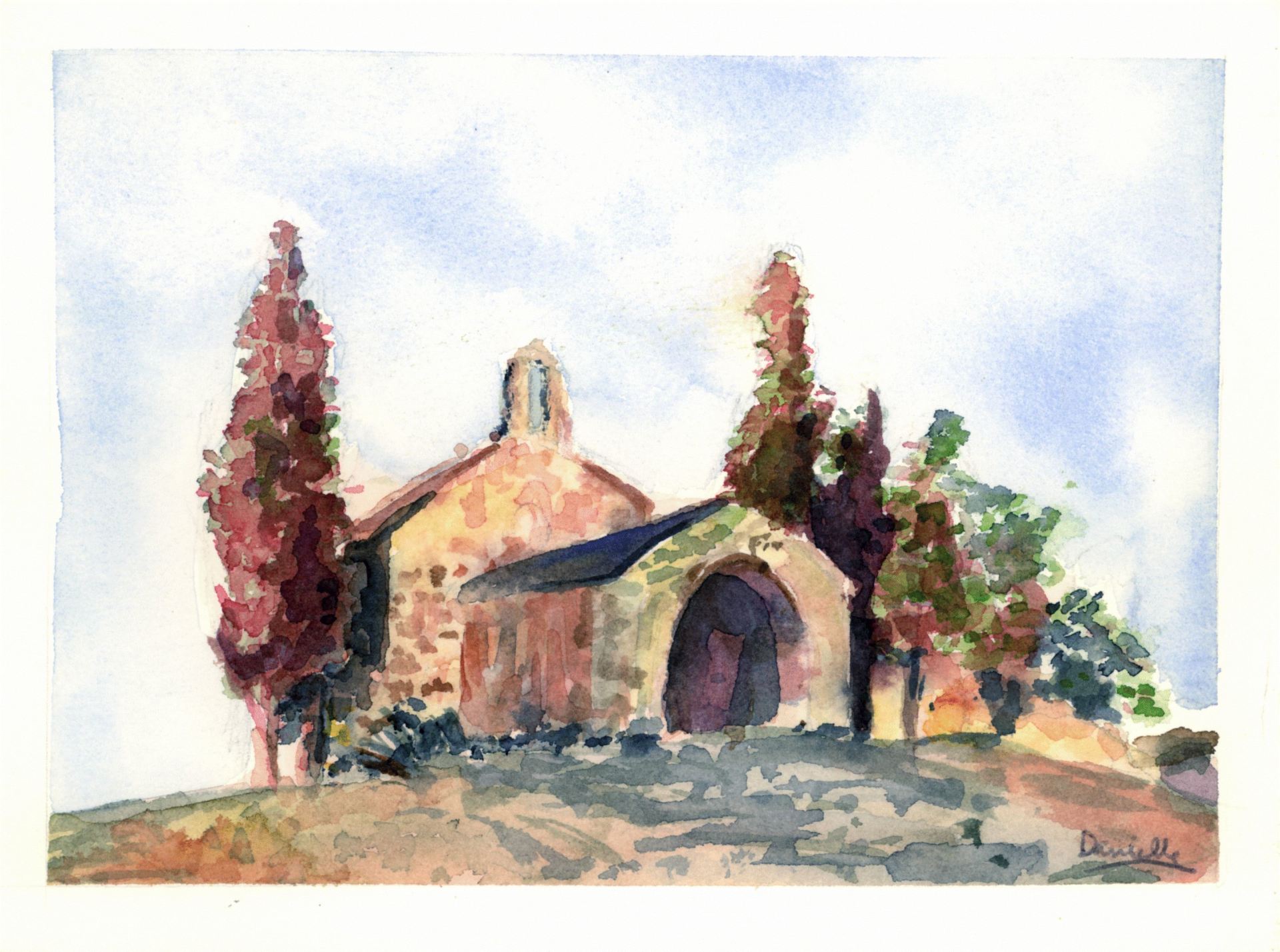 Une aquarelle représentant une église avec des arbres devant elle