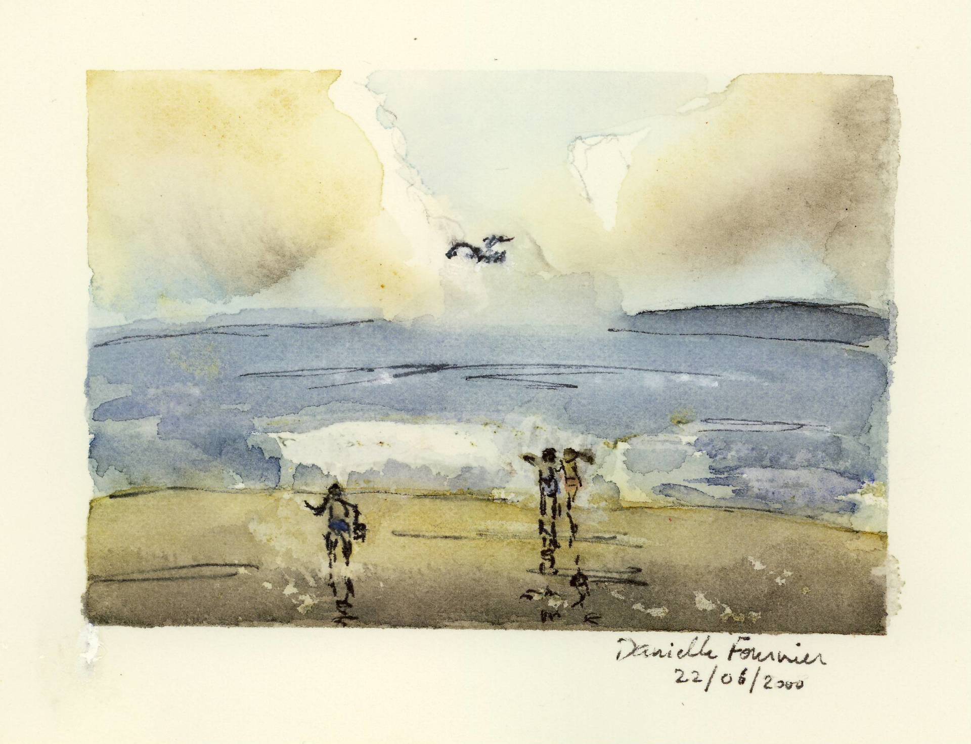 Une aquarelle représentant deux personnes marchant sur une plage