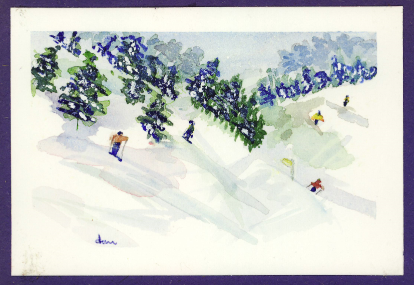 Une peinture de personnes skiant sur une pente enneigée