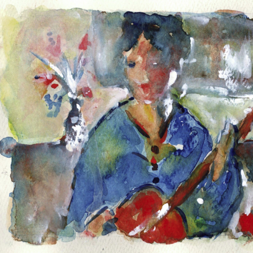 Une aquarelle représentant une femme jouant du violon