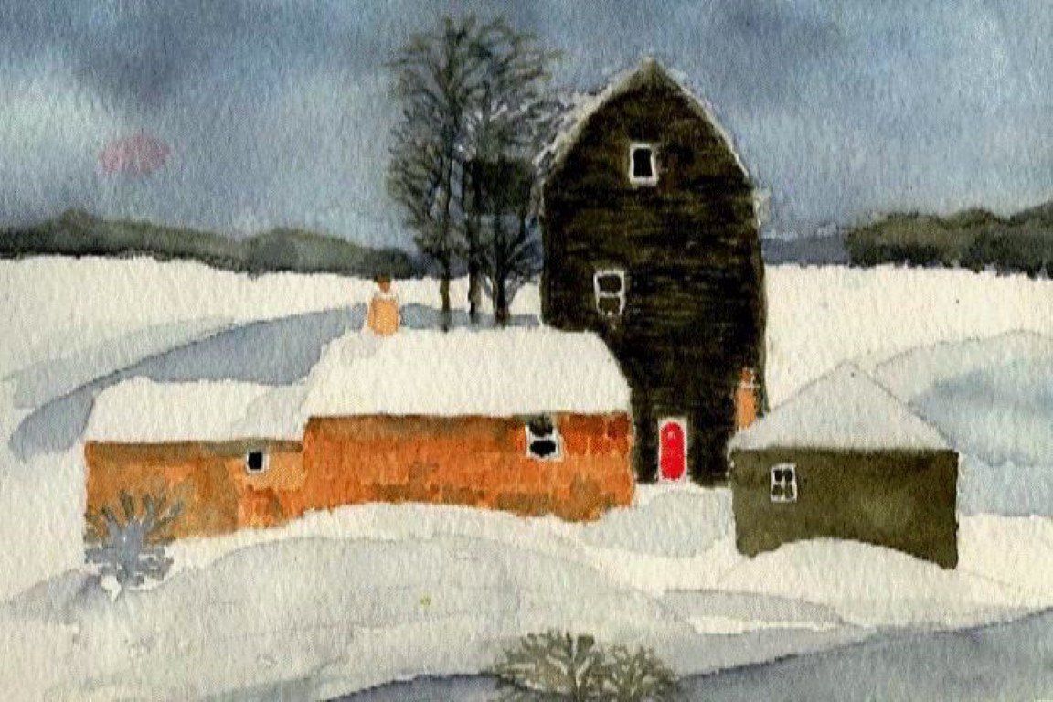 Une aquarelle représentant une grange dans la neige