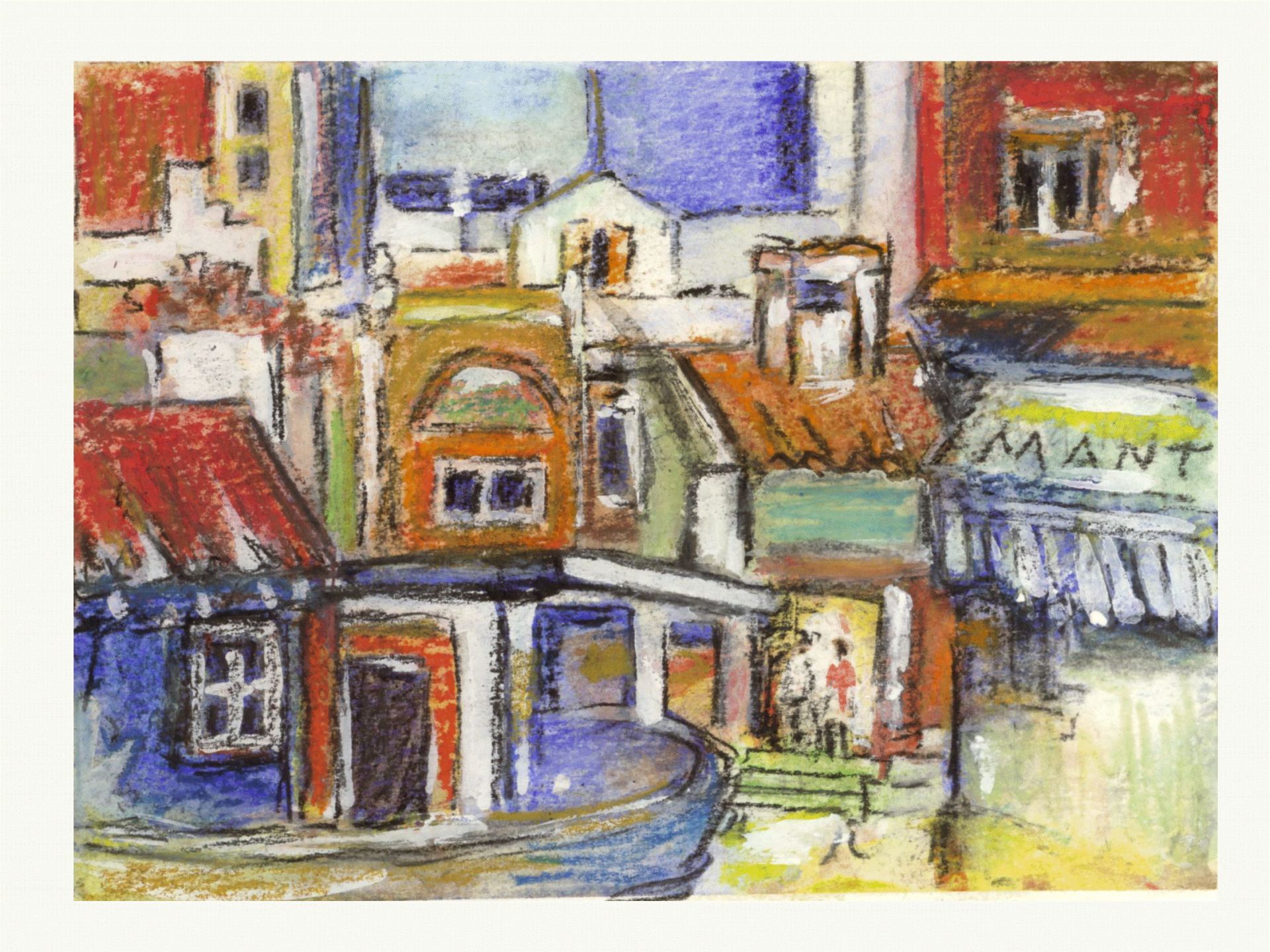 Une peinture d'une ville avec des bâtiments et un panneau indiquant mant