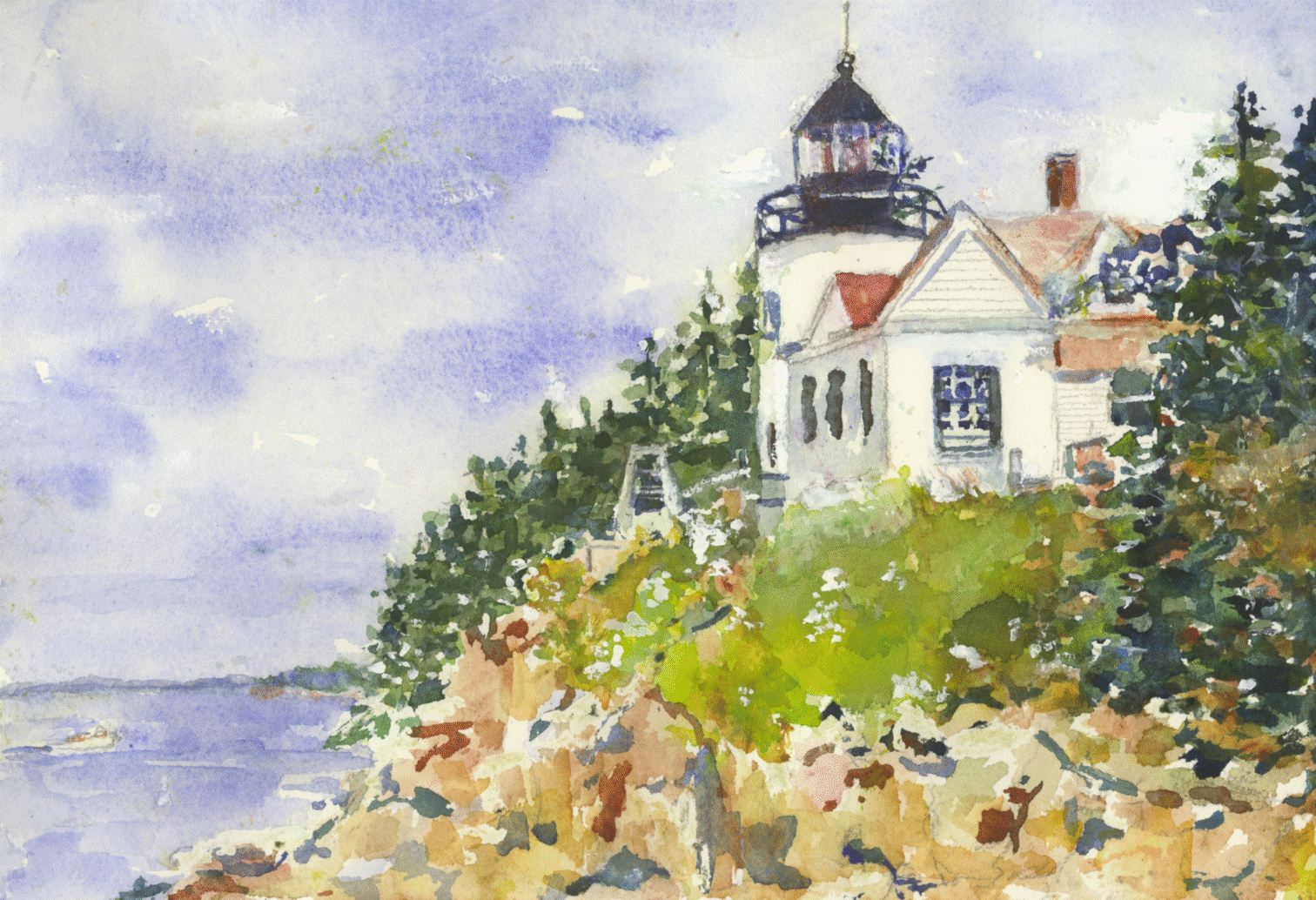 Une aquarelle représentant un phare sur une falaise surplombant l'océan