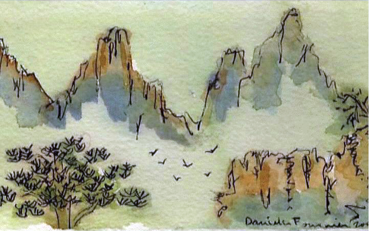 Une aquarelle représentant une chaîne de montagnes avec un arbre au premier plan