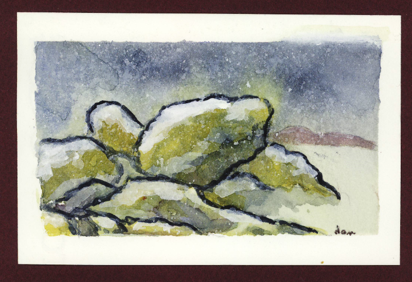 Une aquarelle représentant des rochers avec de la neige dessus