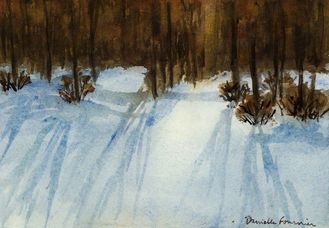 Une aquarelle représentant une forêt enneigée avec des arbres en arrière-plan