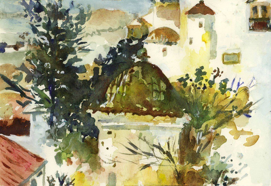 Une aquarelle représentant un paysage avec des bâtiments et des arbres