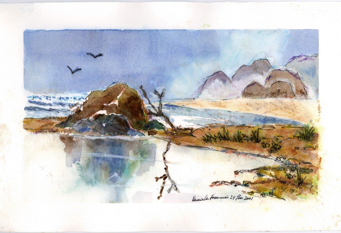 Une aquarelle représentant une plage avec des montagnes en arrière-plan