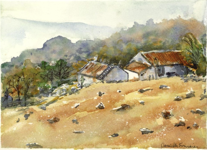 Une aquarelle représentant un paysage avec des maisons et des arbres