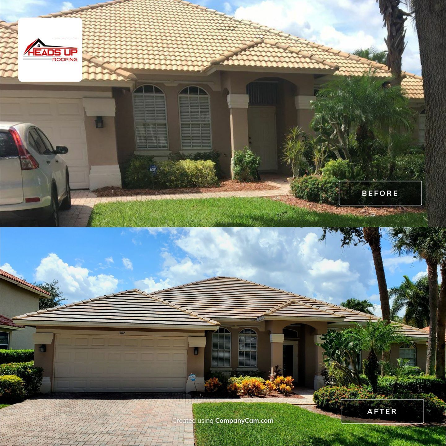 A before and after photo of a house with a tile roof #1 Florida roofing contractor