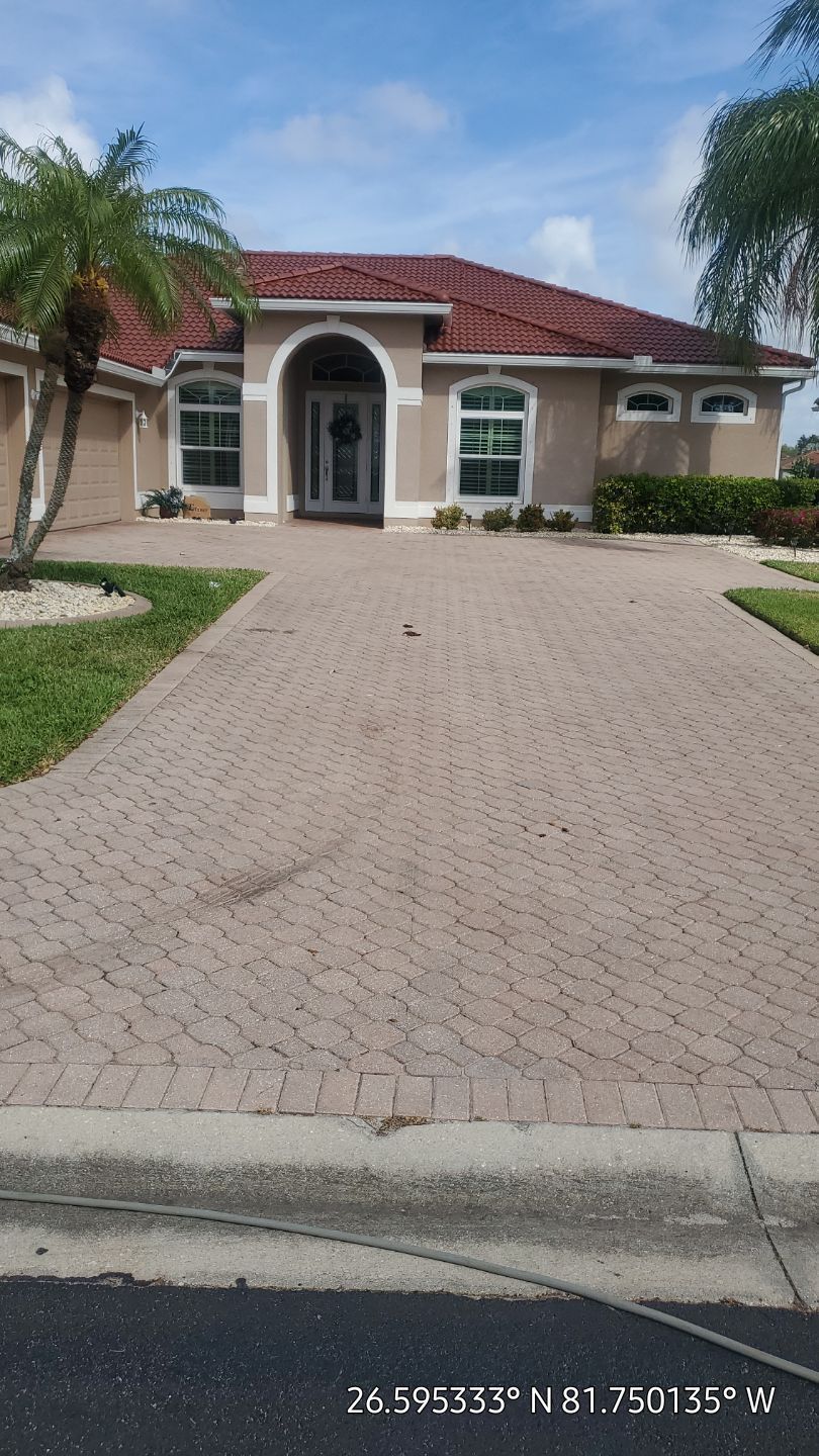 A house with a brick driveway and a palm tree in front of it | Heads Up Roofing Florida