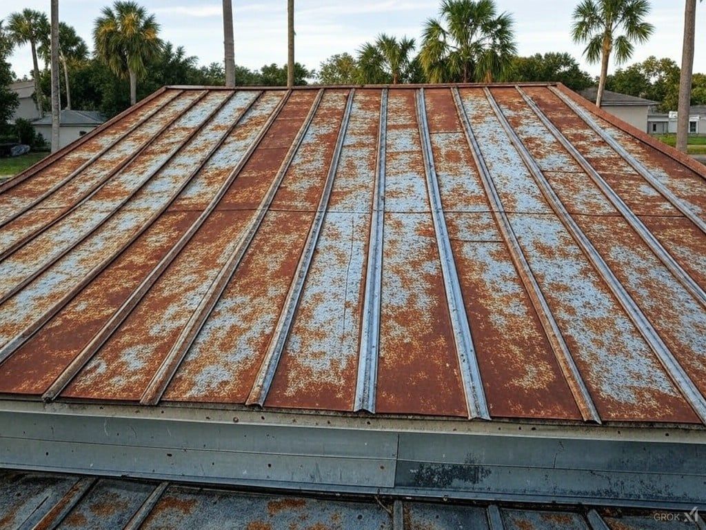 A rusty metal roof with palm trees in the background